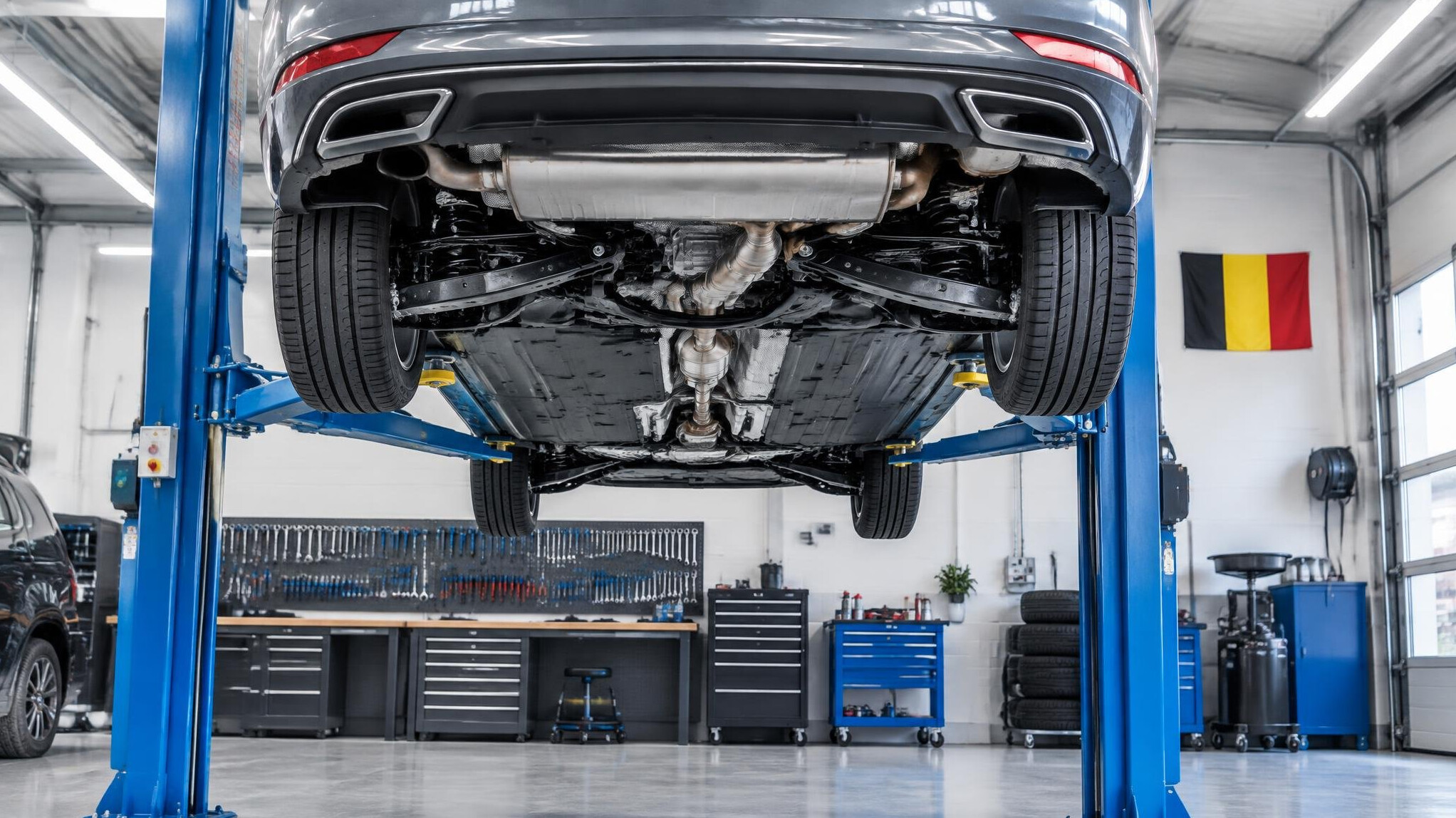 Car lifted in a garage showing the clean undercarriage