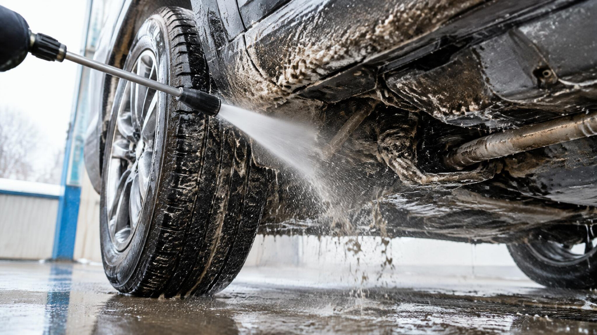 High pressure wash of a car underbody